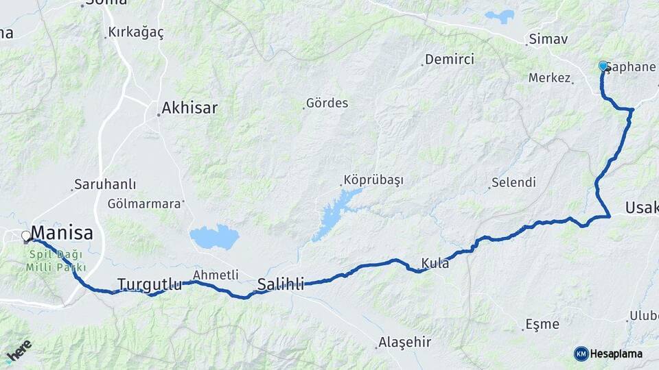 Kütahya Şaphane Manisa Arası Kaç Km - Yol Haritası