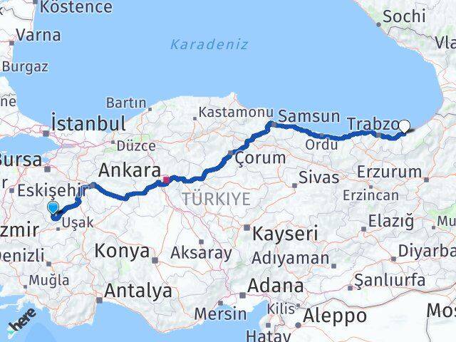Kütahya Şaphane Rize Arası Kaç Km - Yol Haritası