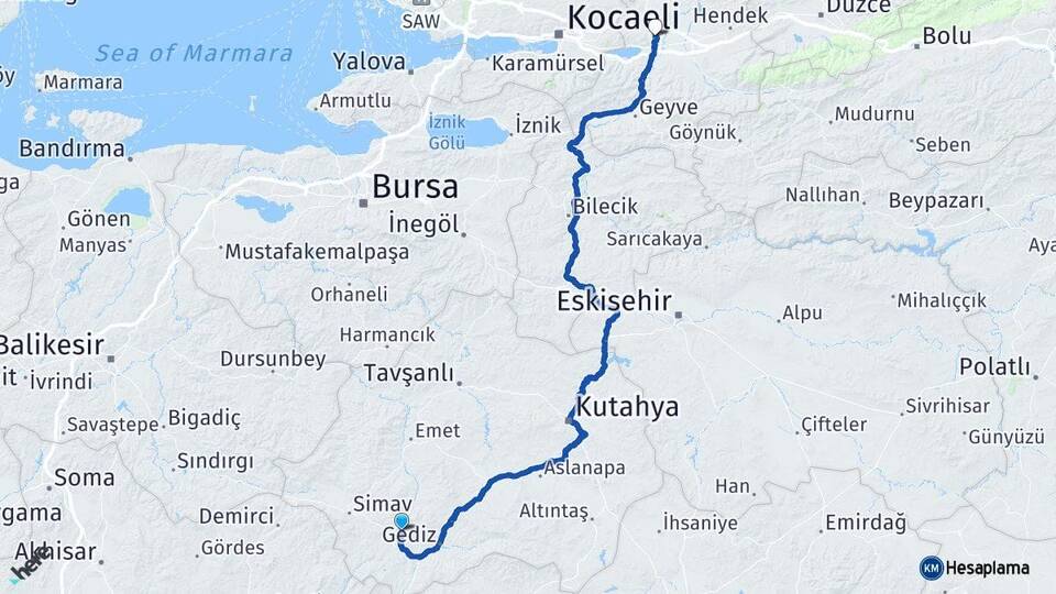 Kütahya Şaphane Sakarya Arası Kaç Km - Yol Haritası