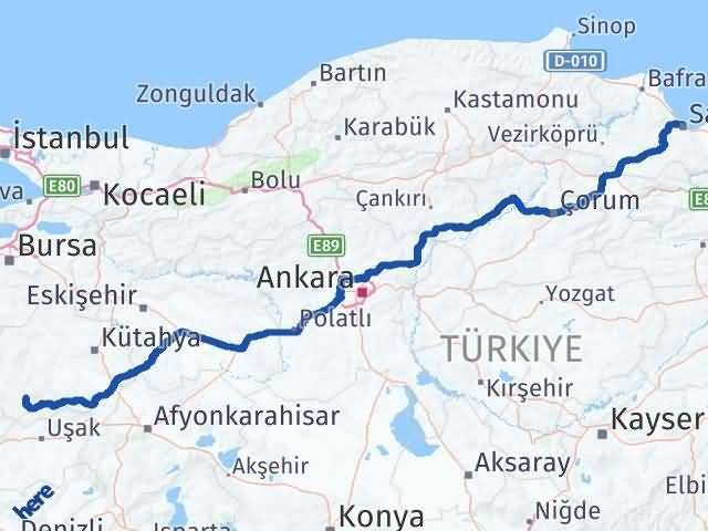 Kütahya Şaphane Samsun Arası Kaç Km - Yol Haritası