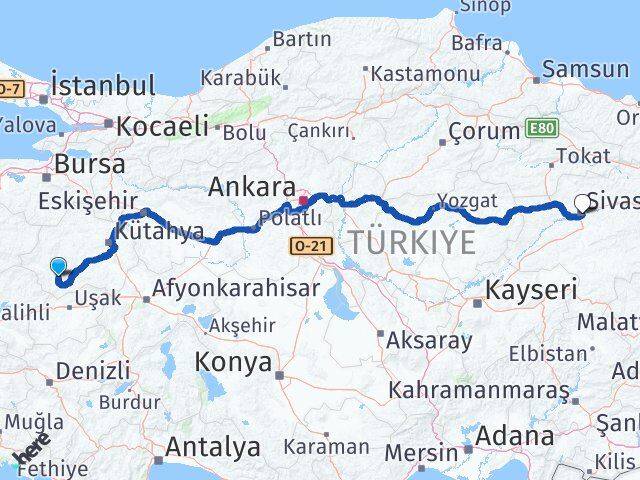 Kütahya Şaphane Sivas Arası Kaç Km - Yol Haritası