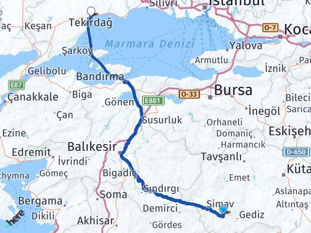 Kütahya Şaphane Tekirdağ Arası Kaç Km - Yol Haritası