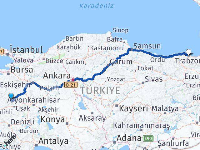 Kütahya Şaphane Trabzon Arası Kaç Km - Yol Haritası