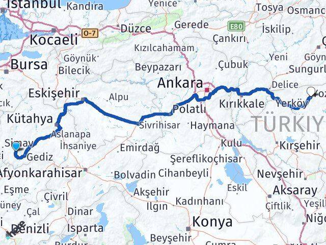 Kütahya Şaphane Yozgat Arası Kaç Km - Yol Haritası