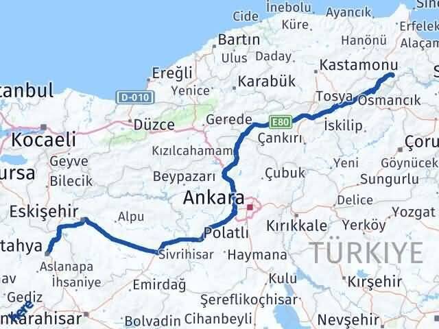 Kütahya Saraydüzü Sinop Arası Kaç Km - Yol Haritası