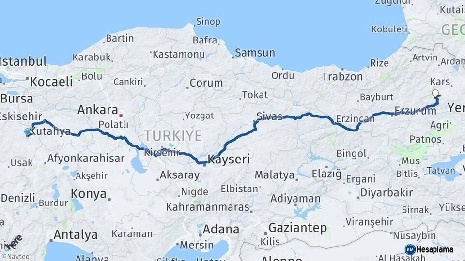 Kütahya Sarıkamış Kars Arası Kaç Km - Yol Haritası