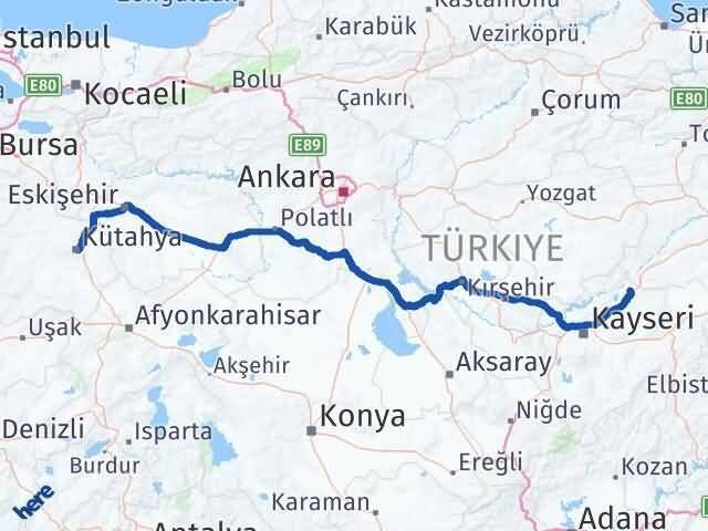 Kütahya Sarıoğlan Kayseri Arası Kaç Km - Yol Haritası