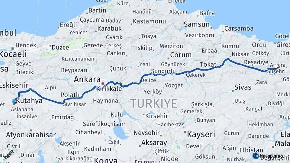 Kütahya Şebinkarahisar Giresun Arası Kaç Km - Yol Haritası
