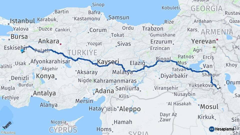 Kütahya Şemdinli Hakkari Arası Kaç Km - Yol Haritası