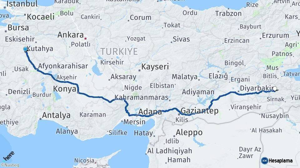 Kütahya Siirt Arası Kaç Km - Yol Haritası