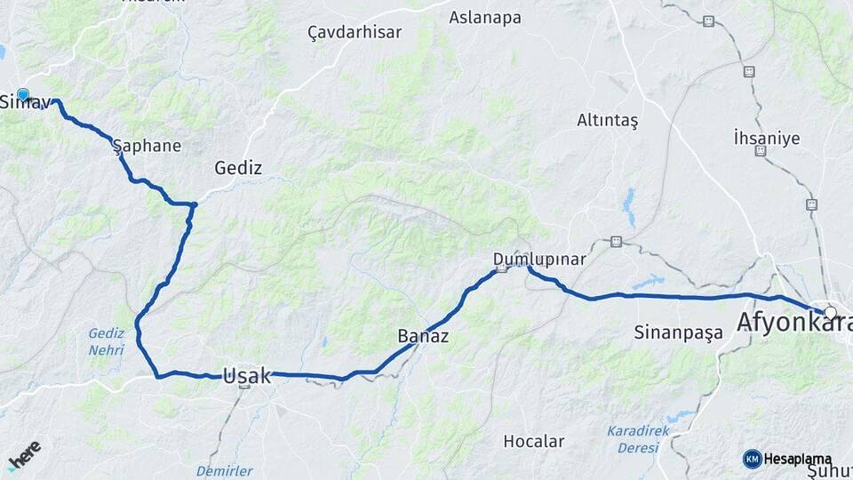 Kütahya Simav Afyonkarahisar Arası Kaç Km - Yol Haritası