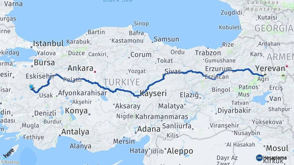 Kütahya Simav Ağrı Arası Kaç Km - Yol Haritası
