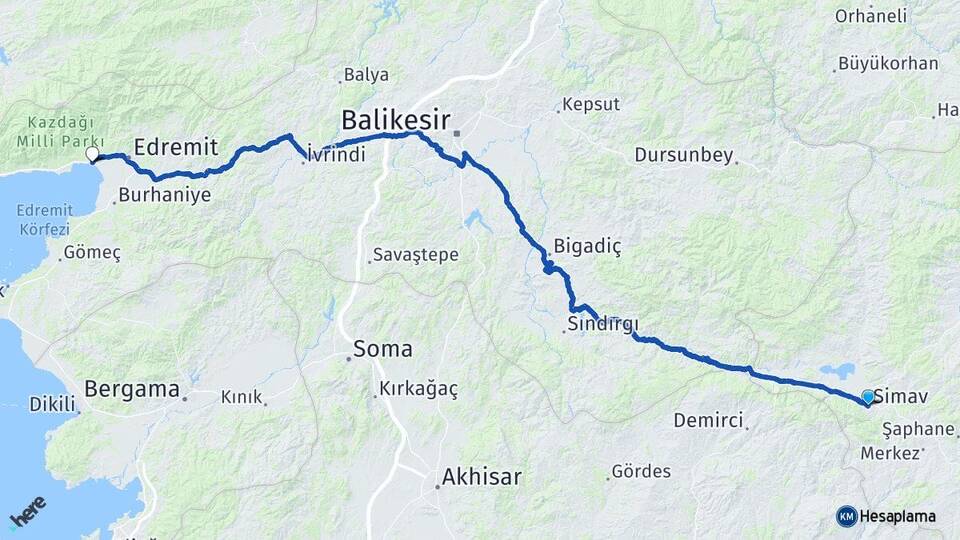 Kütahya Simav Akçay Edremit Balıkesir Arası Kaç Km - Yol Haritası