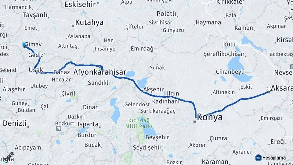 Kütahya Simav Aksaray Arası Kaç Km - Yol Haritası