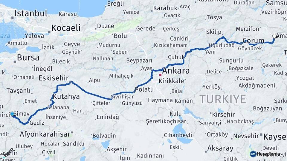 Kütahya Simav Amasya Arası Kaç Km - Yol Haritası
