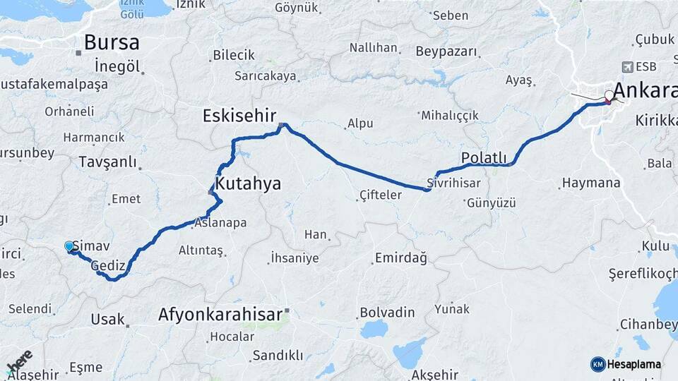 Kütahya Simav Ankara Arası Kaç Km - Yol Haritası