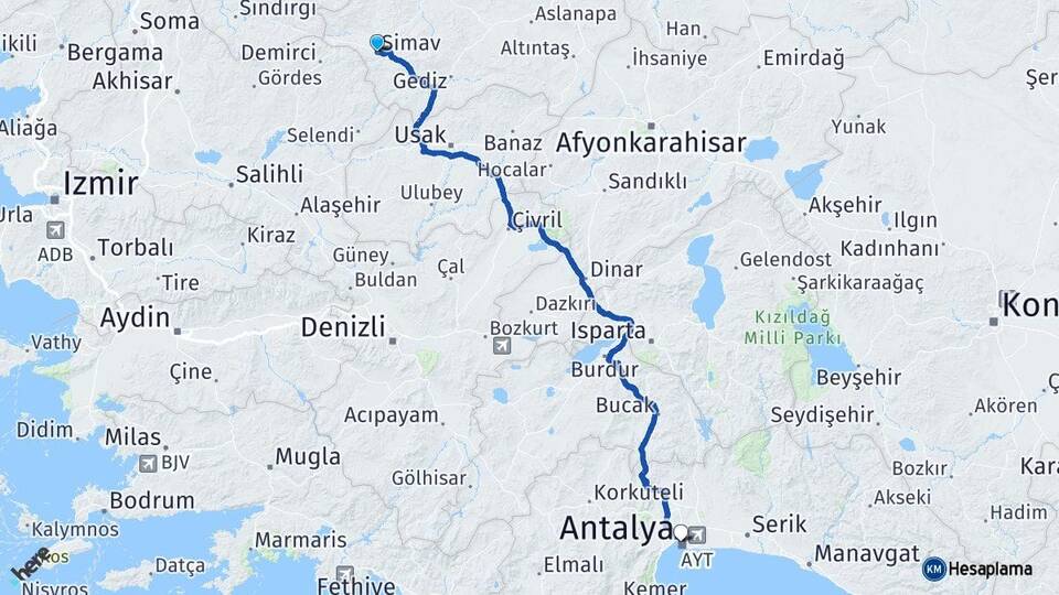 Kütahya Simav Antalya Arası Kaç Km - Yol Haritası