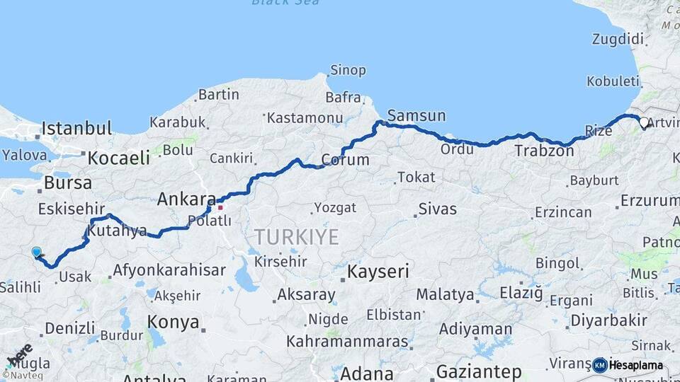 Kütahya Simav Artvin Arası Kaç Km - Yol Haritası