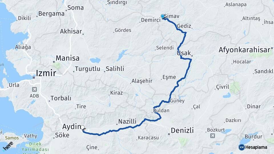 Kütahya Simav Aydın Arası Kaç Km - Yol Haritası