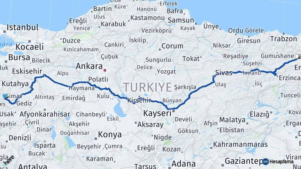 Kütahya Simav Bayburt Arası Kaç Km - Yol Haritası