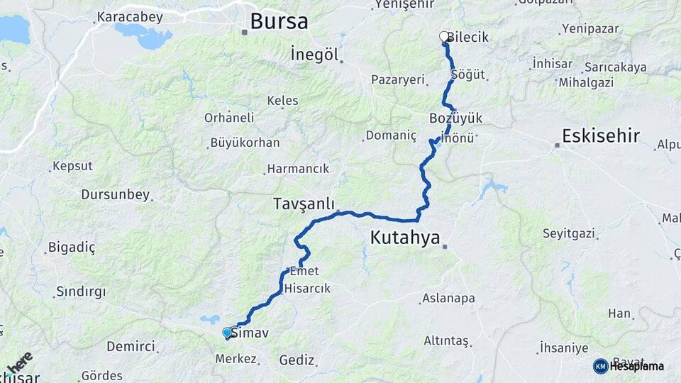 Kütahya Simav Bilecik Arası Kaç Km - Yol Haritası