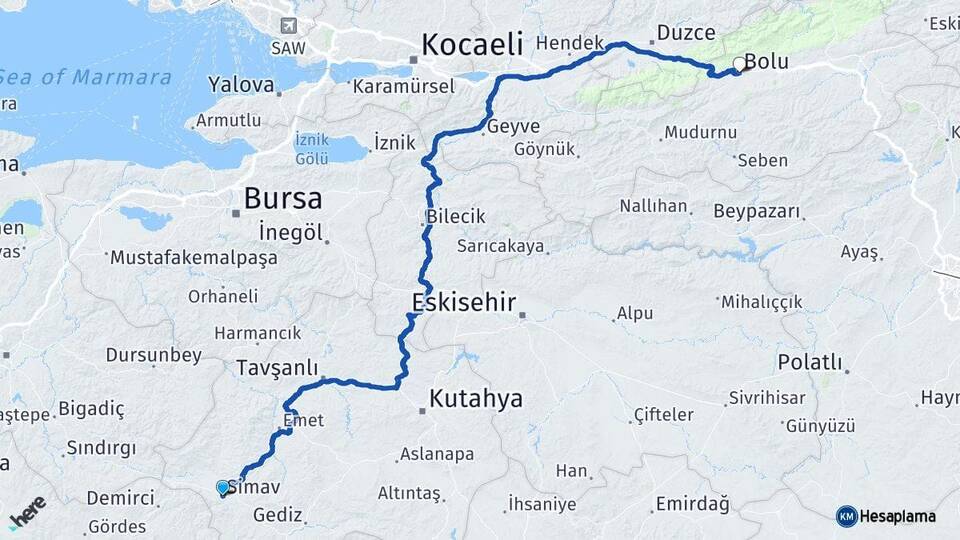 Kütahya Simav Bolu Arası Kaç Km - Yol Haritası