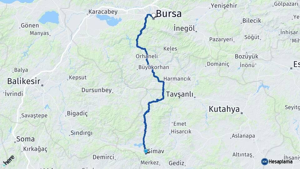 Kütahya Simav Bursa Arası Kaç Km - Yol Haritası