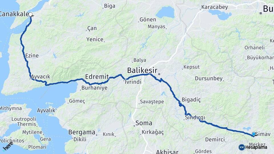 Kütahya Simav Çanakkale Arası Kaç Km - Yol Haritası