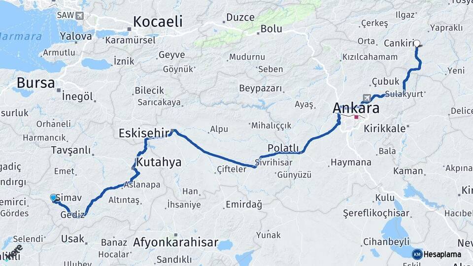 Kütahya Simav Çankırı Arası Kaç Km - Yol Haritası