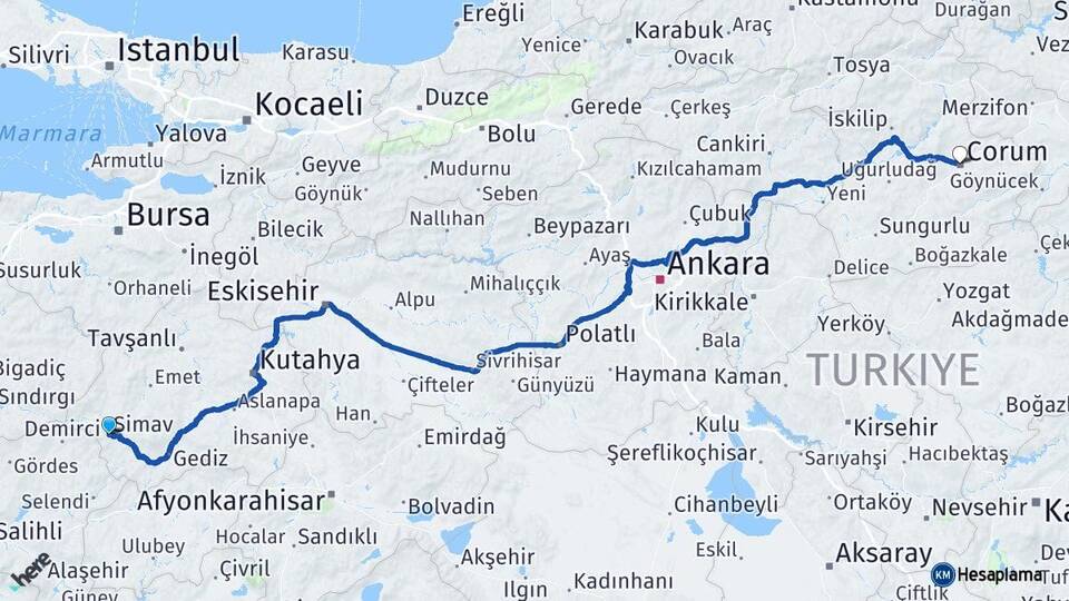 Kütahya Simav Çorum Arası Kaç Km - Yol Haritası