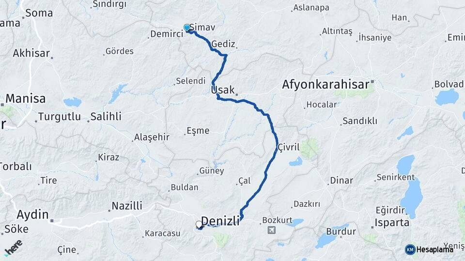 Kütahya Simav Denizli Arası Kaç Km - Yol Haritası