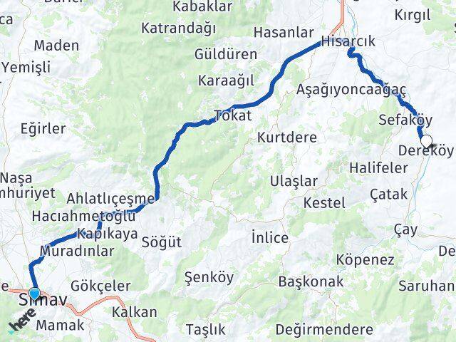Kütahya Simav Dereköy Hisarcık Arası Kaç Km - Yol Haritası