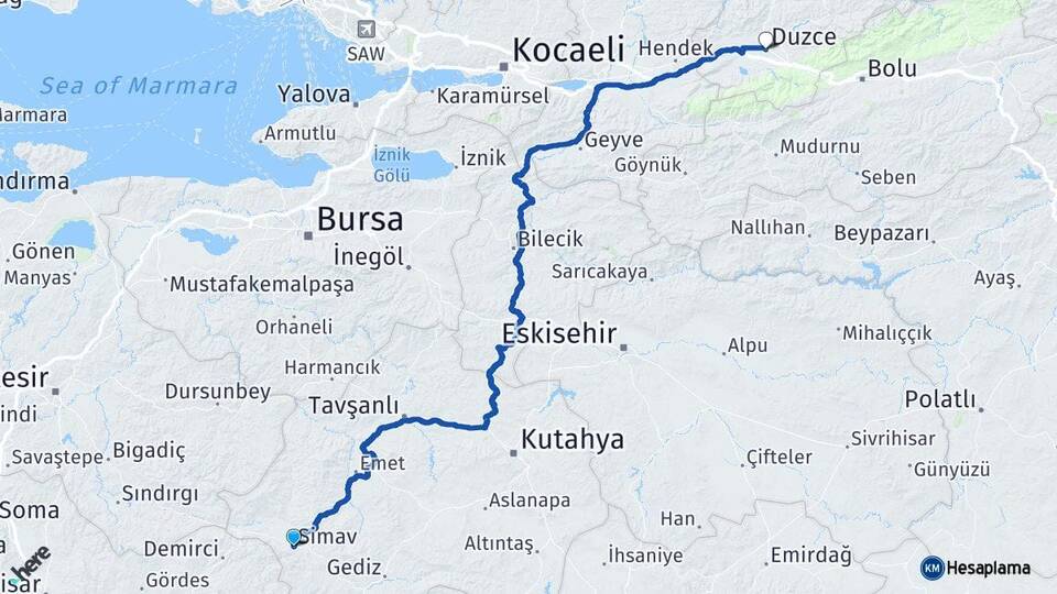 Kütahya Simav Düzce Arası Kaç Km - Yol Haritası