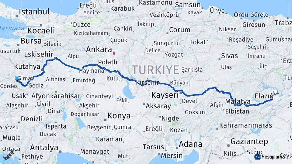 Kütahya Simav Elazığ Arası Kaç Km - Yol Haritası