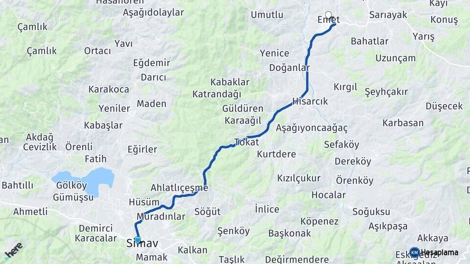 Kütahya Simav Emet Arası Kaç Km - Yol Haritası