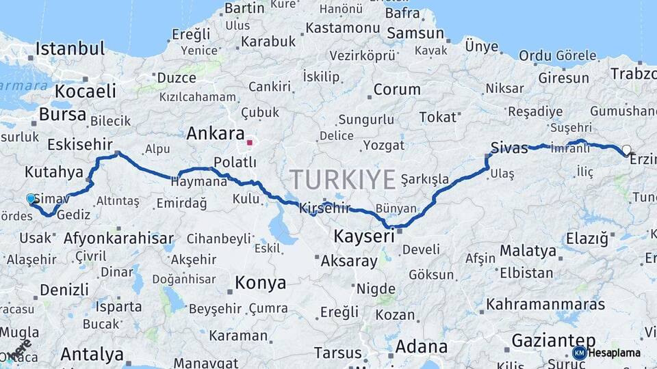 Kütahya Simav Erzincan Arası Kaç Km - Yol Haritası