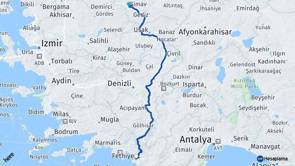 Kütahya Simav Fethiye Muğla Arası Kaç Km - Yol Haritası