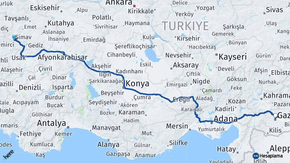Kütahya Simav Gaziantep Arası Kaç Km - Yol Haritası