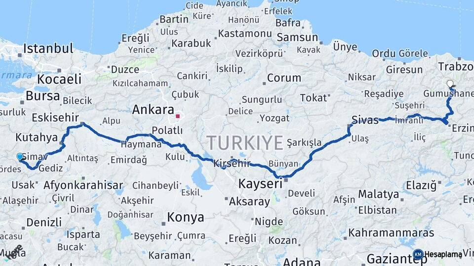 Kütahya Simav Gümüşhane Arası Kaç Km - Yol Haritası