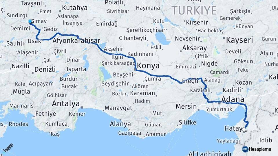 Kütahya Simav Hatay Arası Kaç Km - Yol Haritası