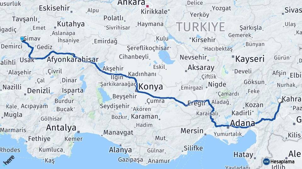 Kütahya Simav Kahramanmaraş Arası Kaç Km - Yol Haritası