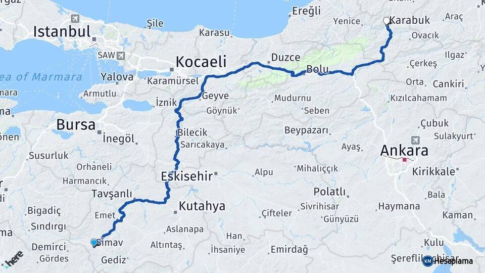 Kütahya Simav Karabük Arası Kaç Km - Yol Haritası