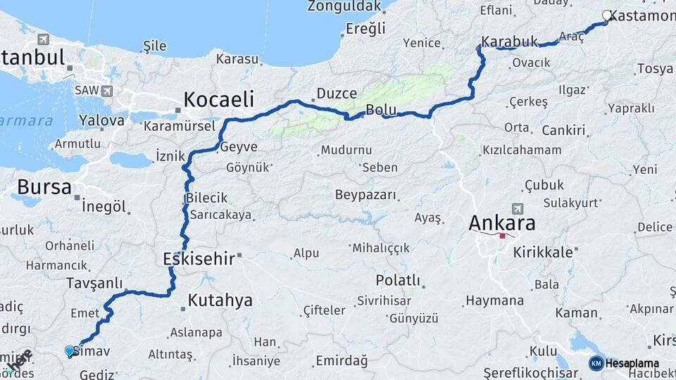 Kütahya Simav Kastamonu Arası Kaç Km - Yol Haritası