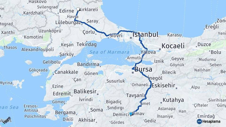 Kütahya Simav Kırklareli Arası Kaç Km - Yol Haritası
