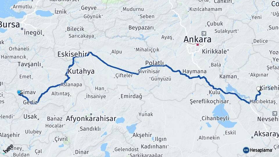 Kütahya Simav Kırşehir Arası Kaç Km - Yol Haritası