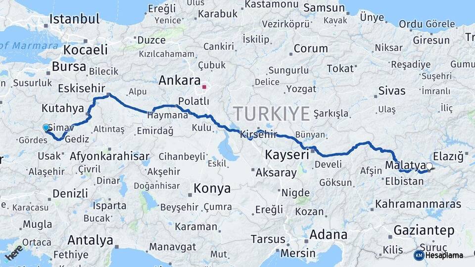 Kütahya Simav Malatya Arası Kaç Km - Yol Haritası