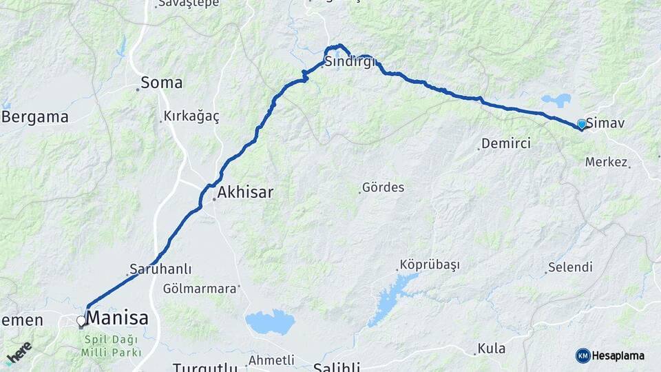 Kütahya Simav Manisa Arası Kaç Km - Yol Haritası