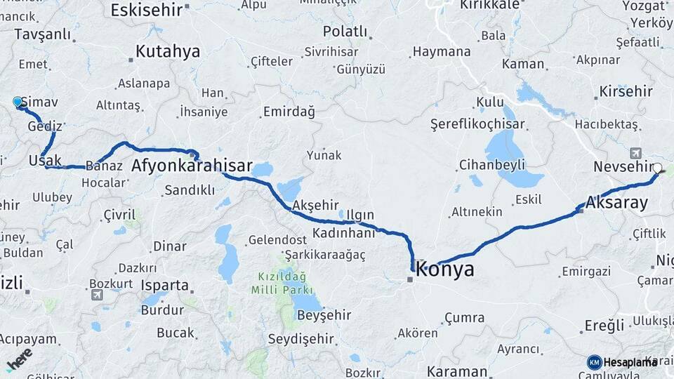 Kütahya Simav Nevşehir Arası Kaç Km - Yol Haritası