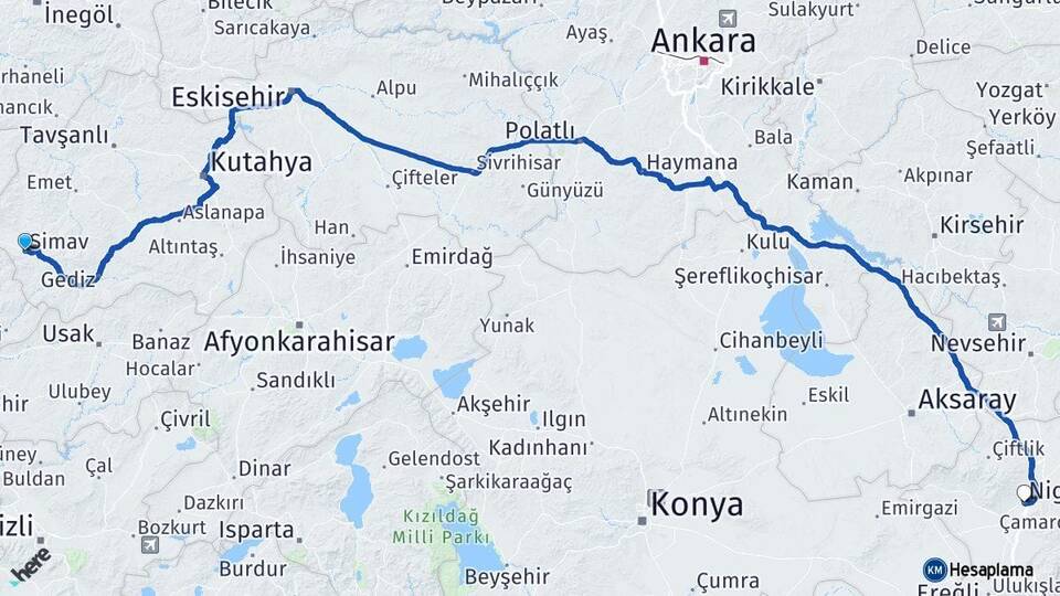 Kütahya Simav Niğde Arası Kaç Km - Yol Haritası