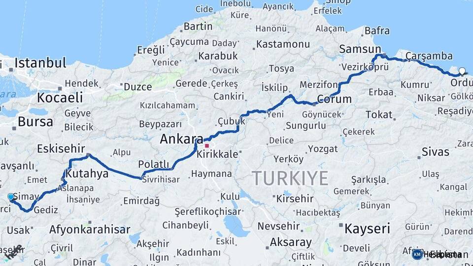 Kütahya Simav Ordu Arası Kaç Km - Yol Haritası